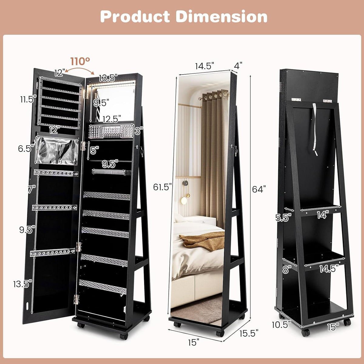 Full Length Mirror Jewelry Cabinet with Wheels & LED Lighting