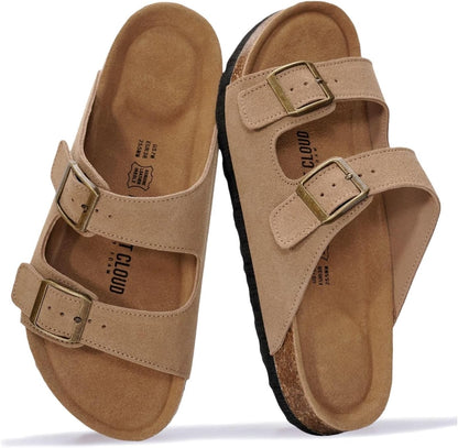 Genuine Leather Cork Footbed Slide Sandals with Memory Foam & Arch Support