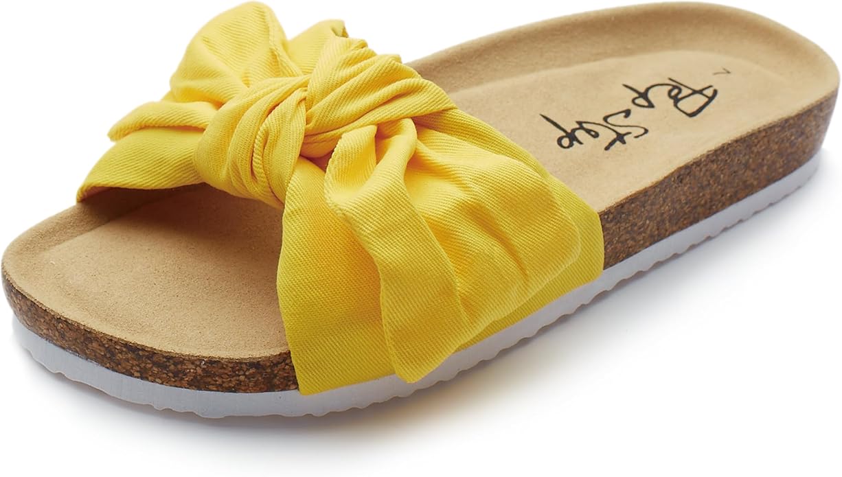 Women's Cork Footbed Slide Sandals with Bow Tie Detail