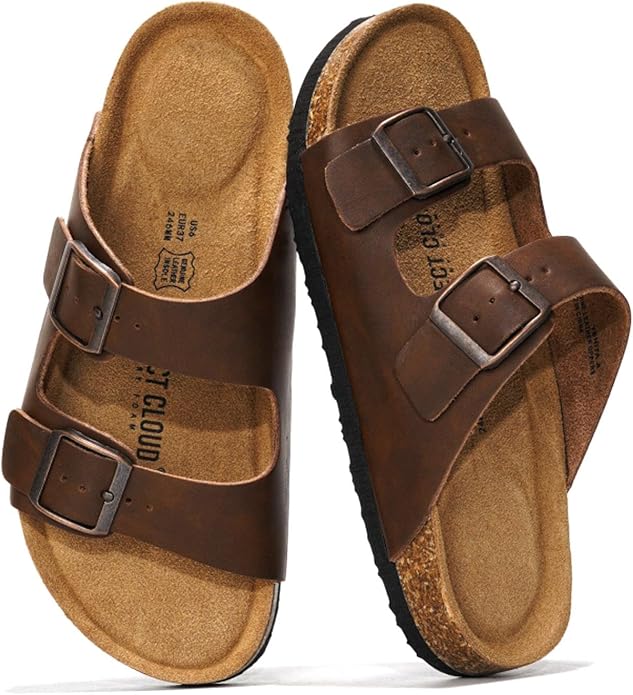 Genuine Leather Cork Footbed Slide Sandals with Memory Foam & Arch Support