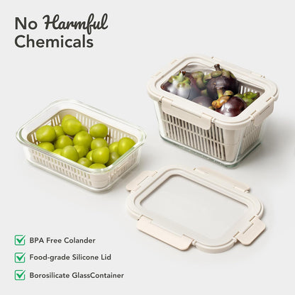 Glass Produce Storage Containers with Airtight Colander System