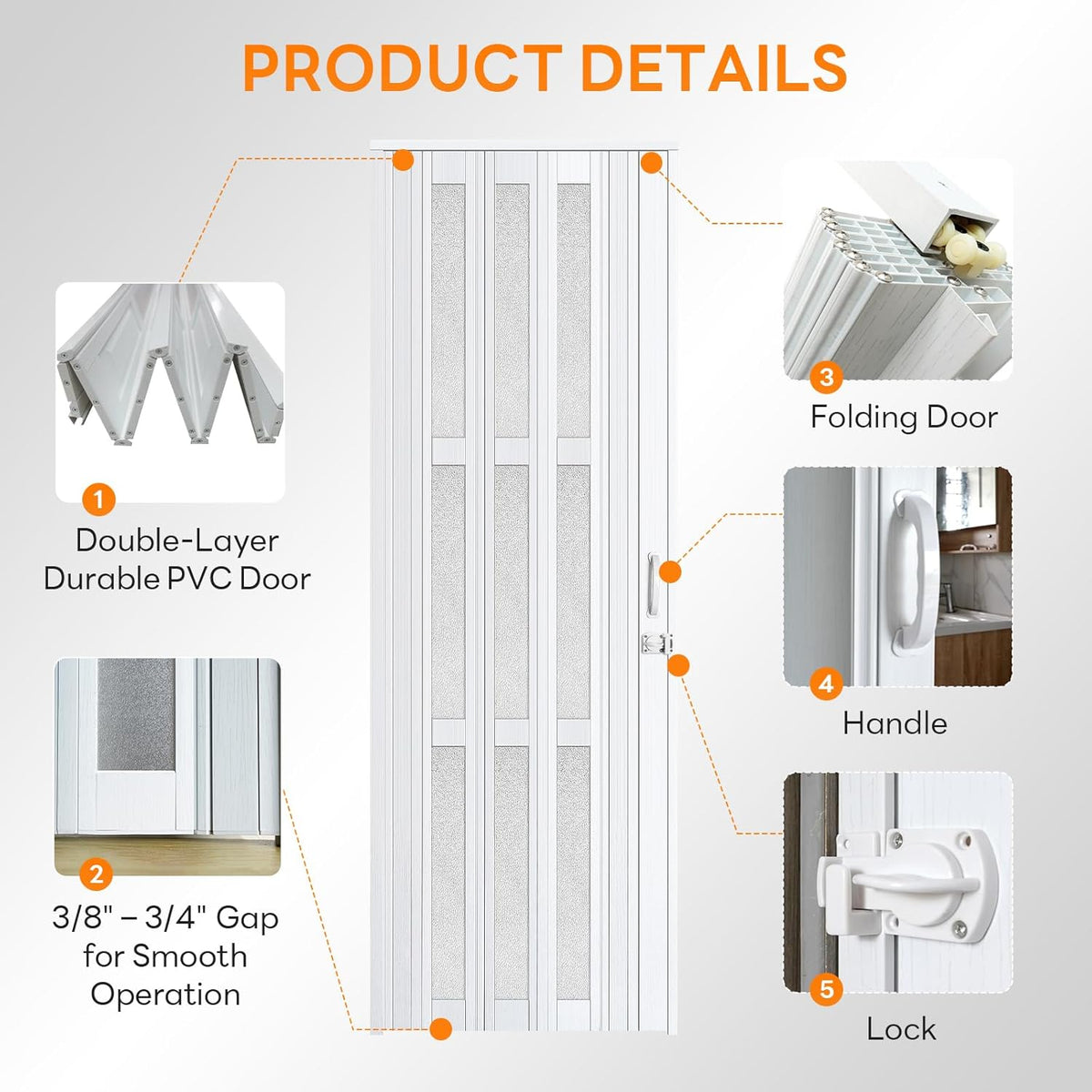 Accordion Door with Frosted Window & Lock | White | 30-48 inch