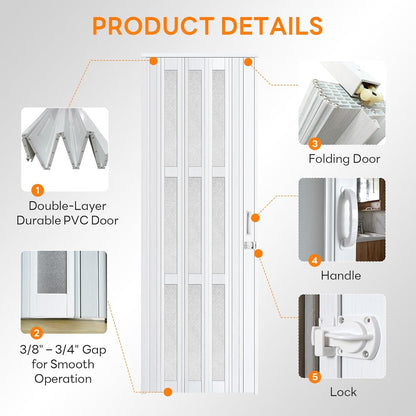 Accordion Door with Frosted Window & Lock | White | 30-48 inch
