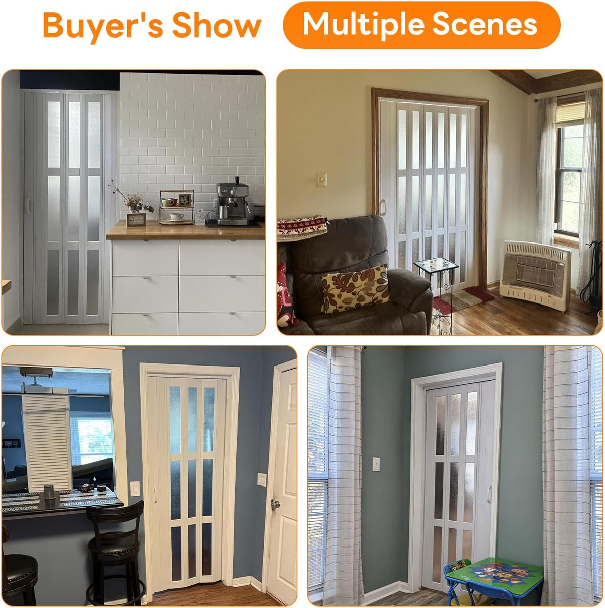 Accordion Door with Frosted Window & Lock | White | 30-48 inch