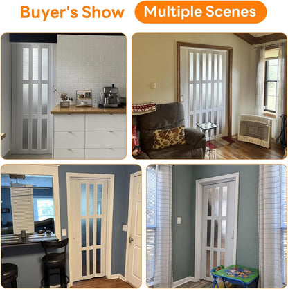 Accordion Door with Frosted Window & Lock | White | 30-48 inch