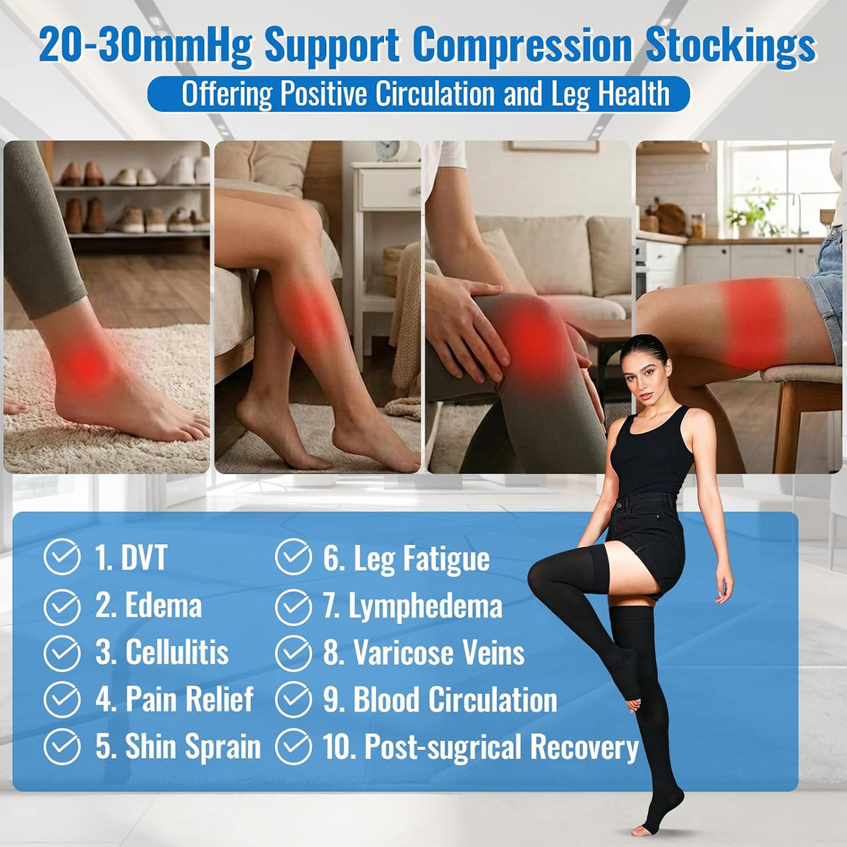 Thigh High Compression Stockings 20-30 mmHg Open Toe