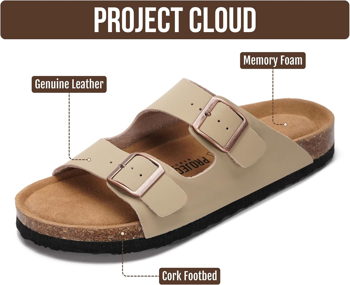 Genuine Leather Cork Footbed Slide Sandals with Memory Foam & Arch Support