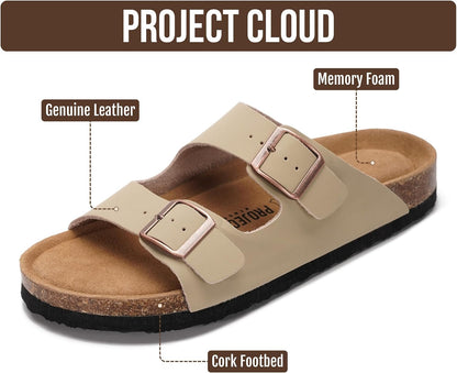Genuine Leather Cork Footbed Slide Sandals with Memory Foam & Arch Support
