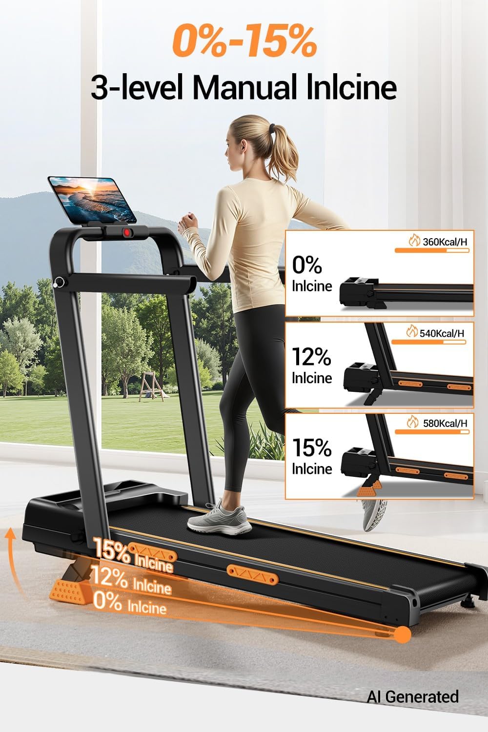 Walking Pad Treadmill with 15% Incline & Handlebar for Home