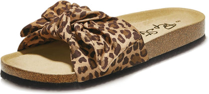Women's Cork Footbed Slide Sandals with Bow Tie Detail