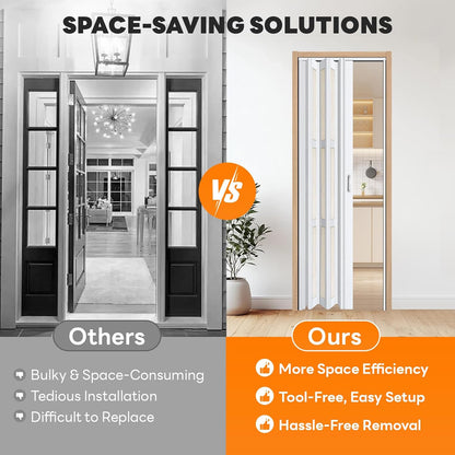 Accordion Door with Frosted Window & Lock | White | 30-48 inch