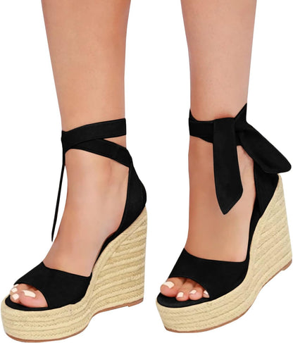 Women's Platform Espadrille Wedge Sandals - Ankle Tie