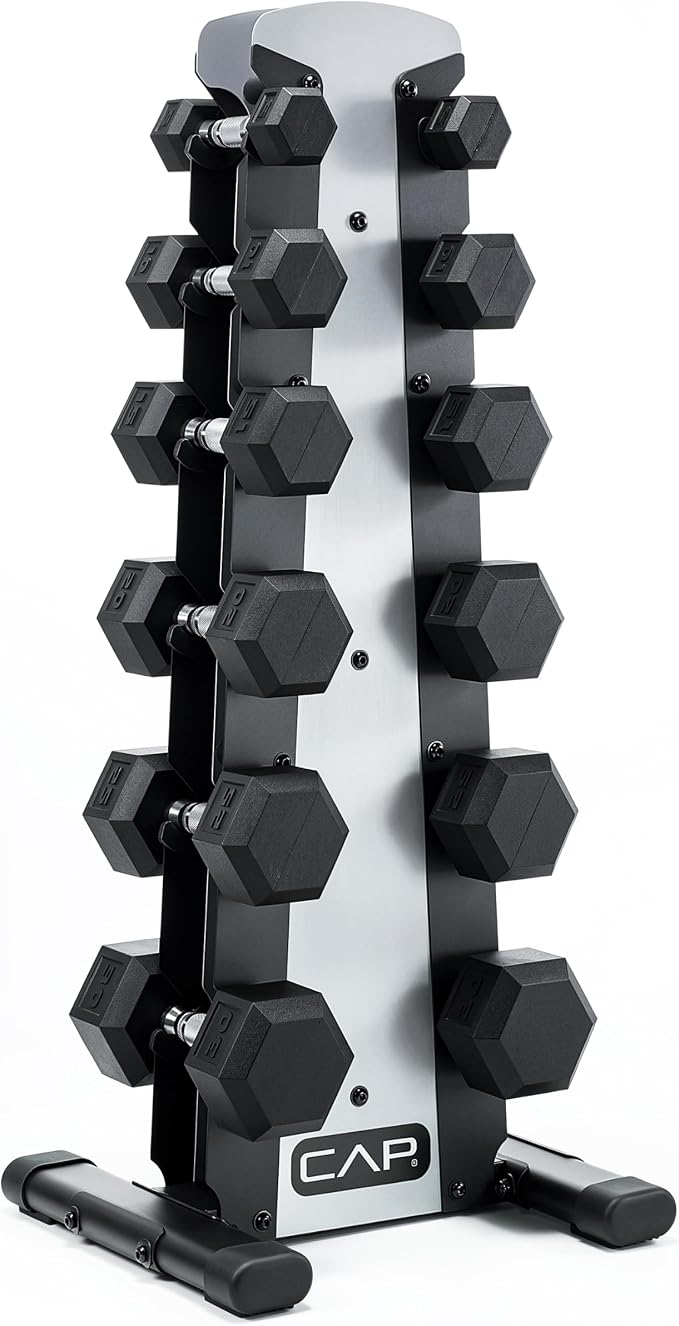 Rubber Hex Dumbbell Set with Vertical Rack | 100-210 lb