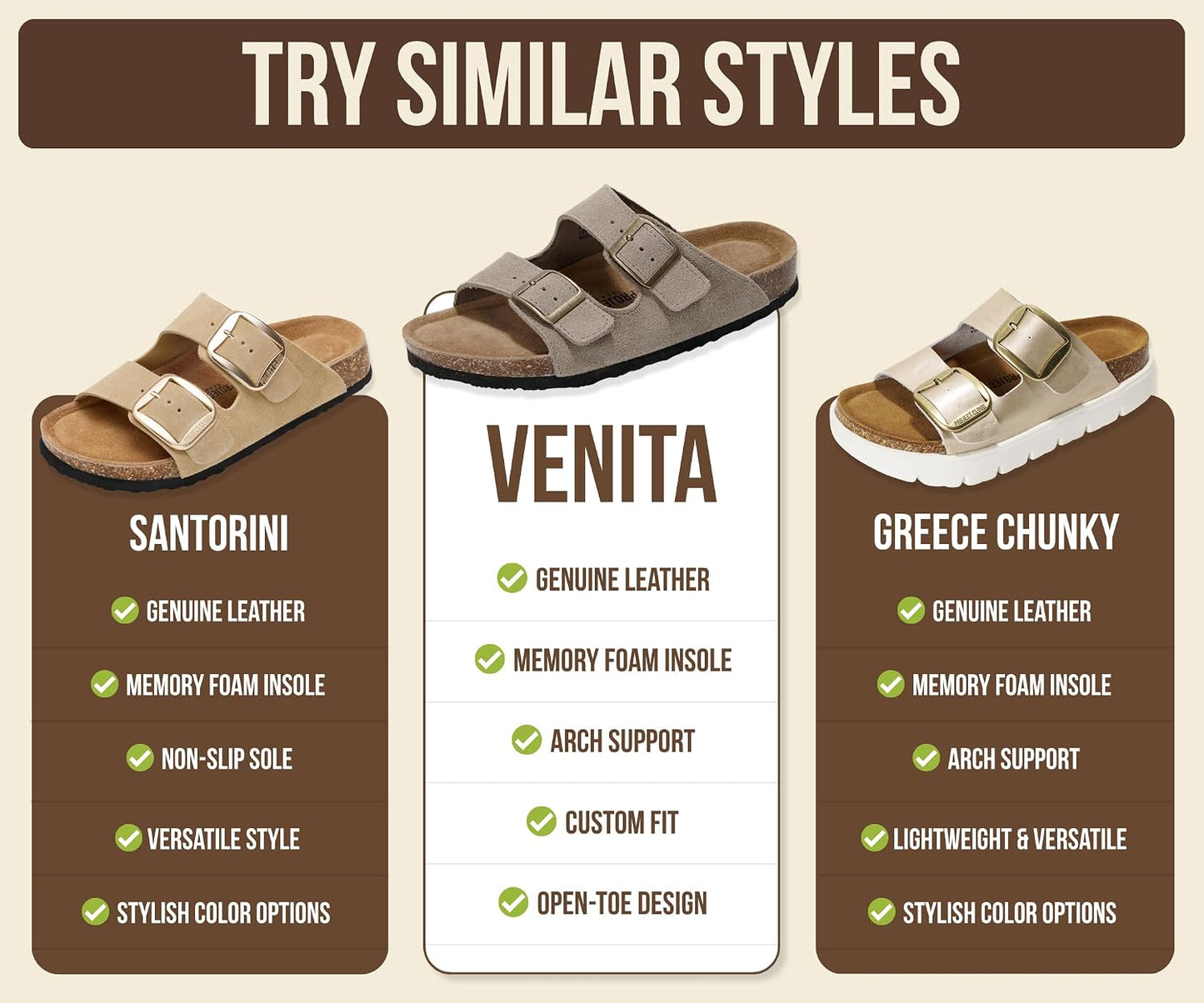Genuine Leather Cork Footbed Slide Sandals with Memory Foam & Arch Support
