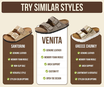 Genuine Leather Cork Footbed Slide Sandals with Memory Foam & Arch Support
