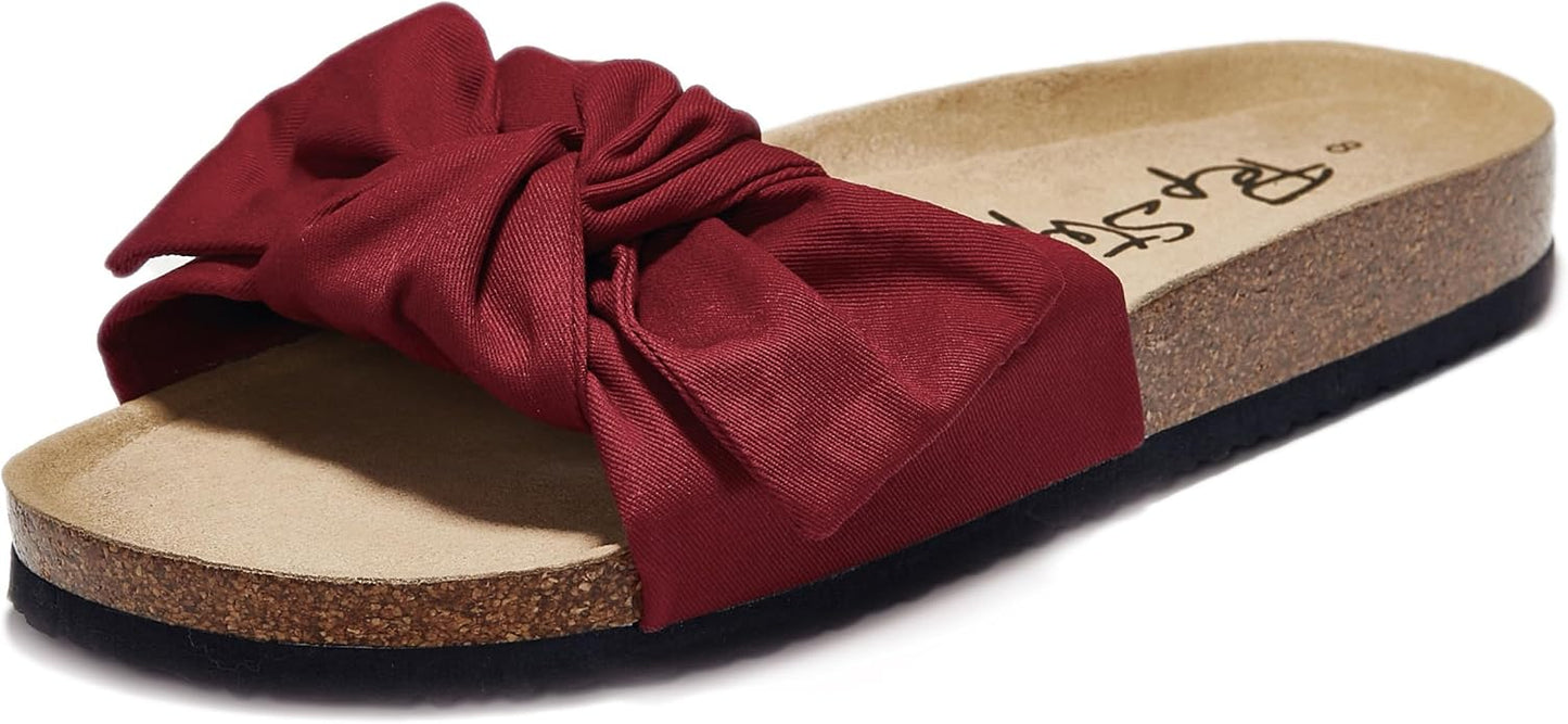 Women's Cork Footbed Slide Sandals with Bow Tie Detail