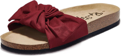 Women's Cork Footbed Slide Sandals with Bow Tie Detail