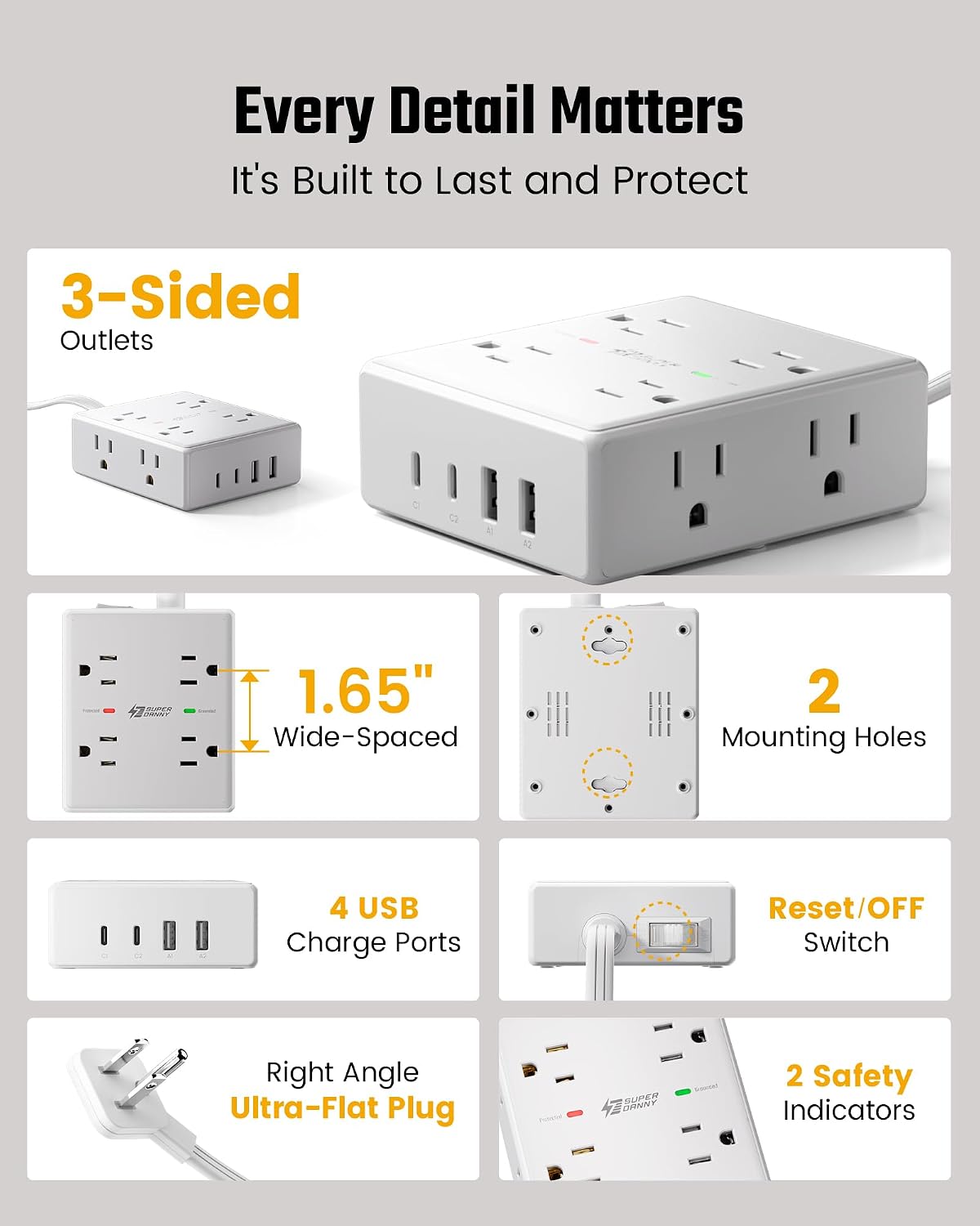 Flat Plug Surge Protector Power Strip | 8 AC + 4 USB Ports