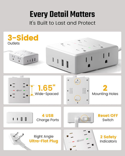 Flat Plug Surge Protector Power Strip | 8 AC + 4 USB Ports