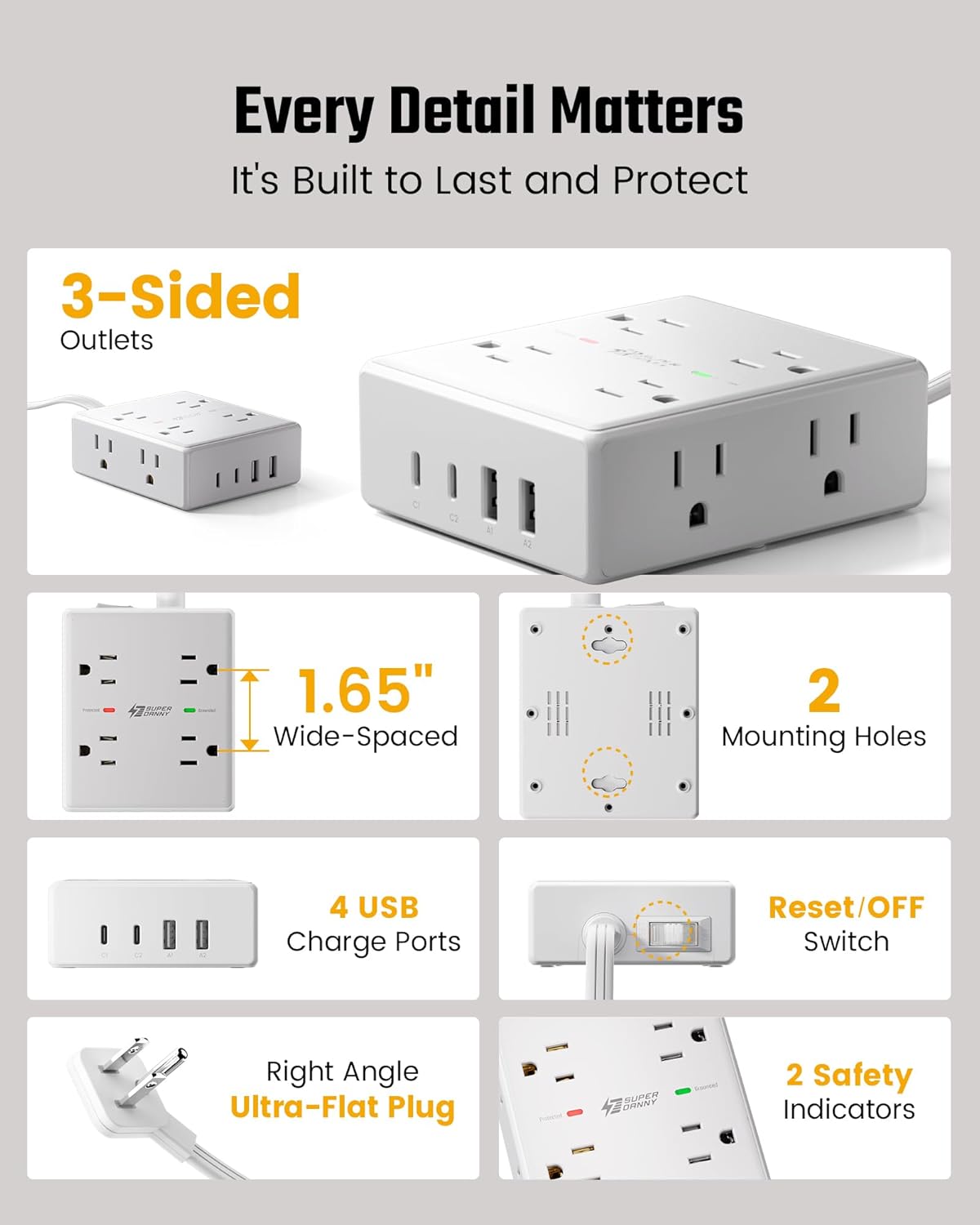 Flat Plug Surge Protector Power Strip | 8 AC + 4 USB Ports