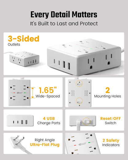 Flat Plug Surge Protector Power Strip | 8 AC + 4 USB Ports
