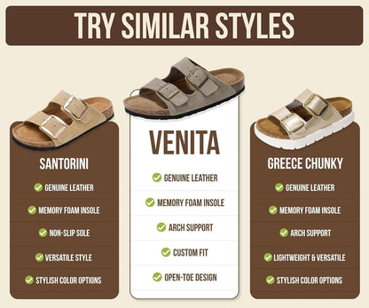 Genuine Leather Cork Footbed Slide Sandals with Memory Foam & Arch Support
