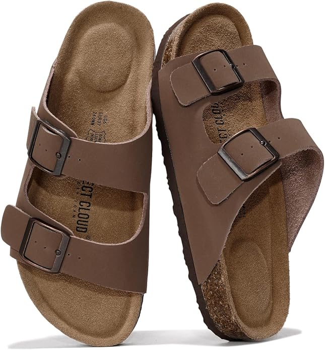 Genuine Leather Cork Footbed Slide Sandals with Memory Foam & Arch Support