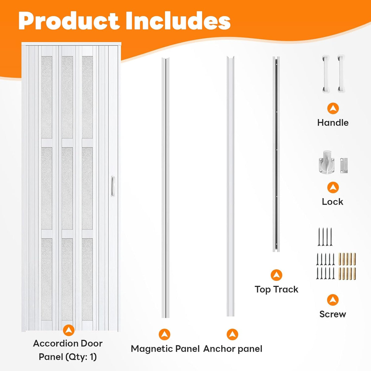 Accordion Door with Frosted Window & Lock | White | 30-48 inch
