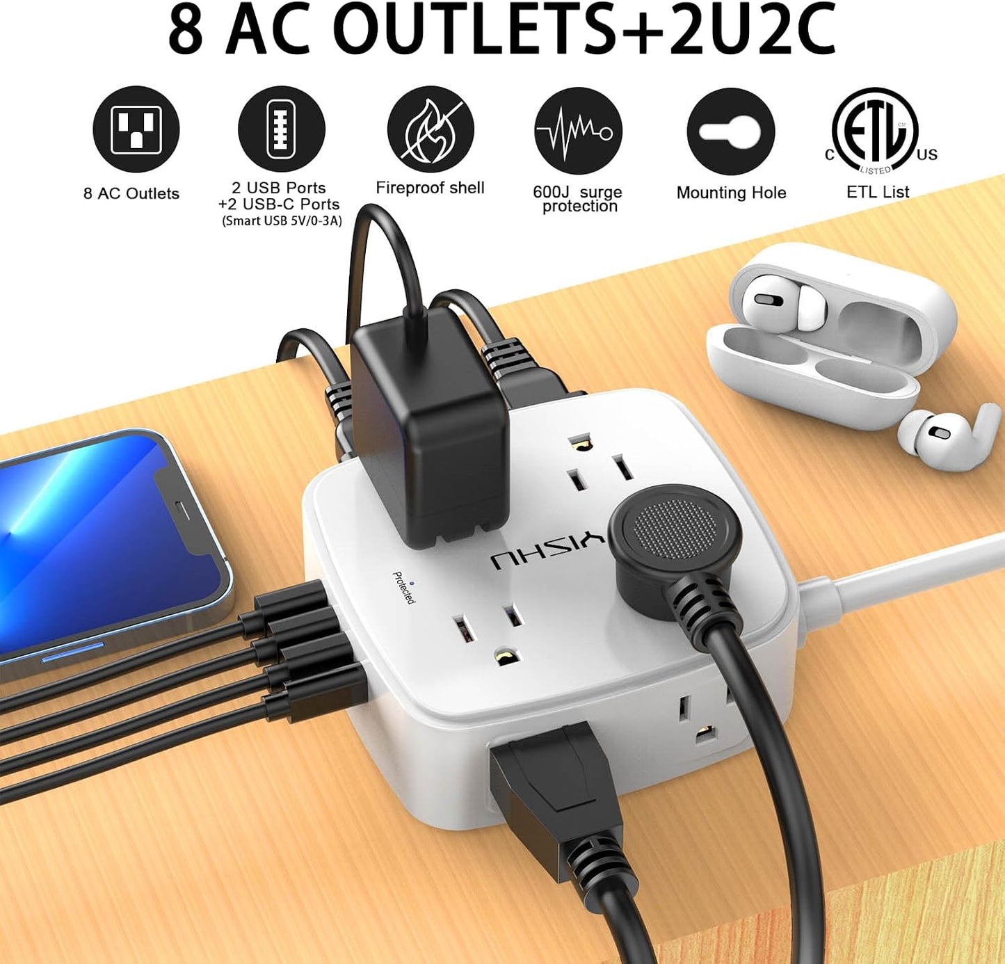 Surge Protector Power Strip – 8 Outlets, 4 USB Ports, 6 Ft Cord