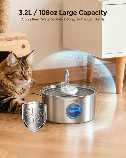 Stainless Steel Cat Water Fountain 108oz Pet Hydration System
