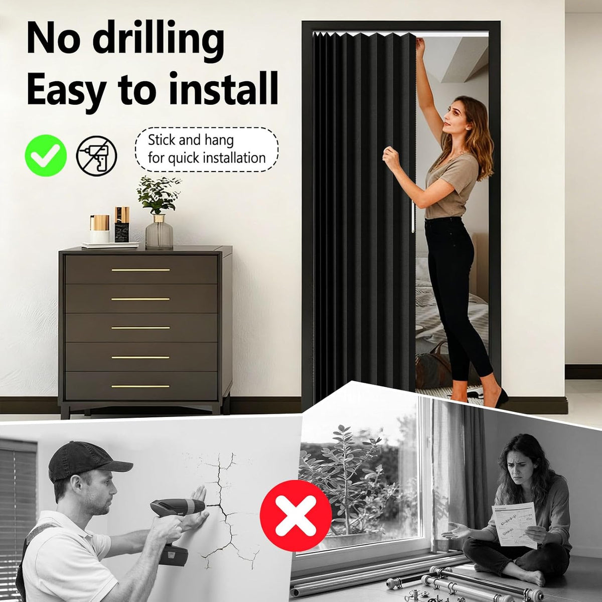 100% Blackout Accordion Door Curtain - Adhesive Track Install