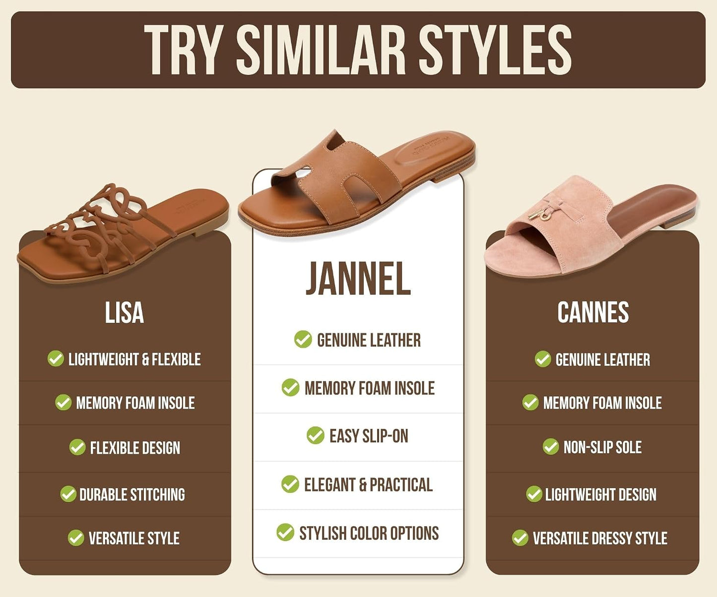 Genuine Leather Sandals with Memory Foam Insole for Women