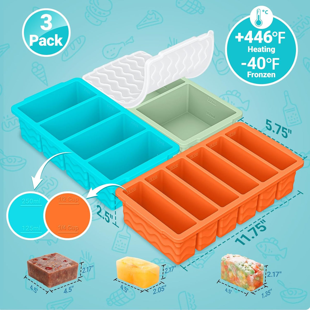 Silicone Freezer Trays with Lid - 3-Pack Soup Storage Molds