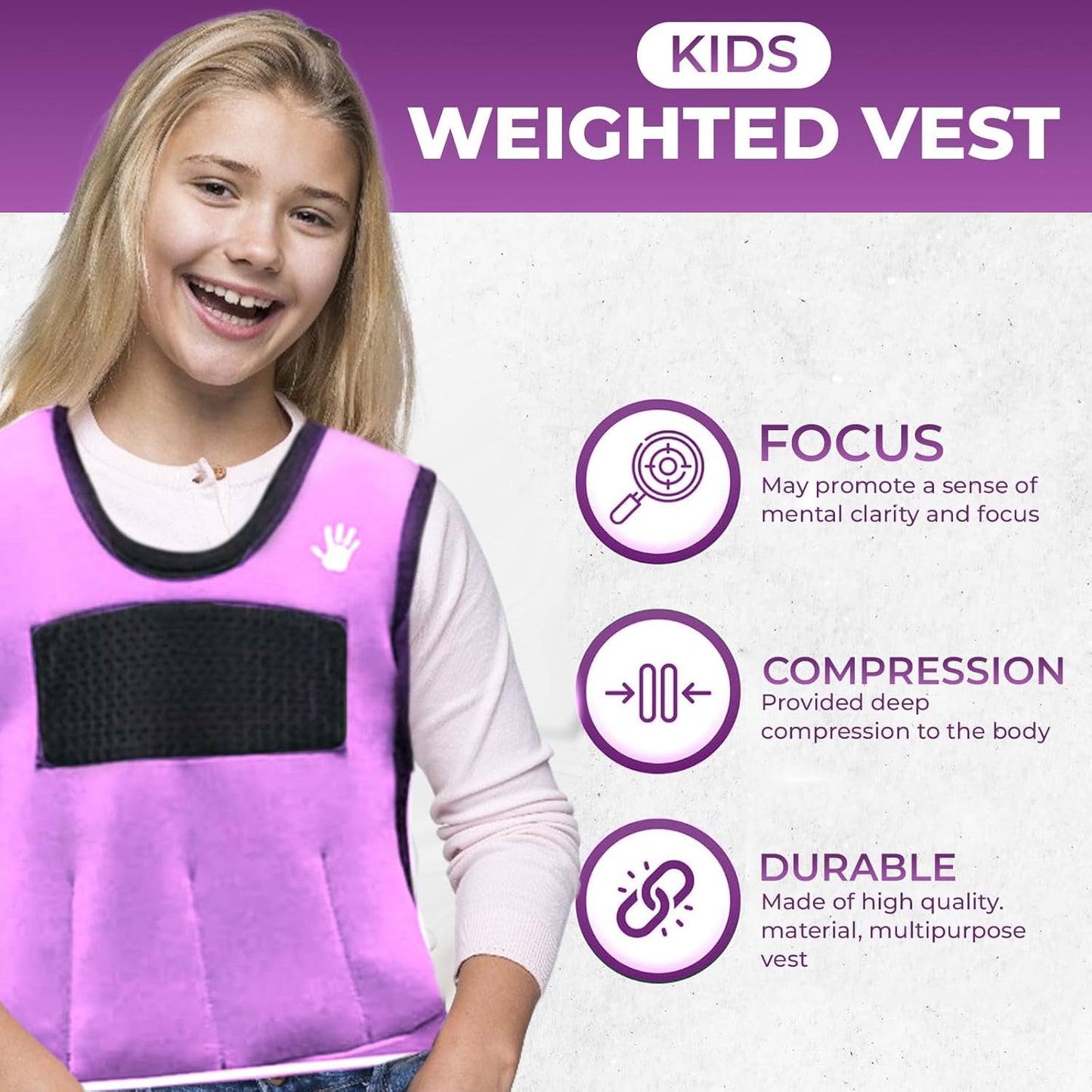 Kids Weighted Sensory Compression Vest - Calming Purple Design