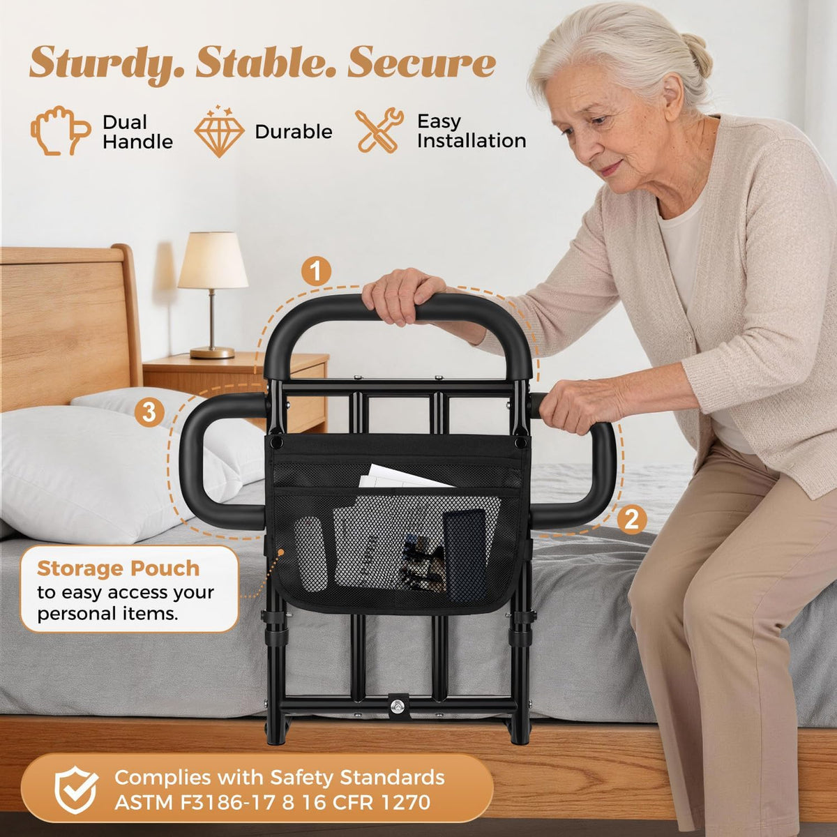 Adjustable Bed Rail with Dual Grab Bars & Sensor Light