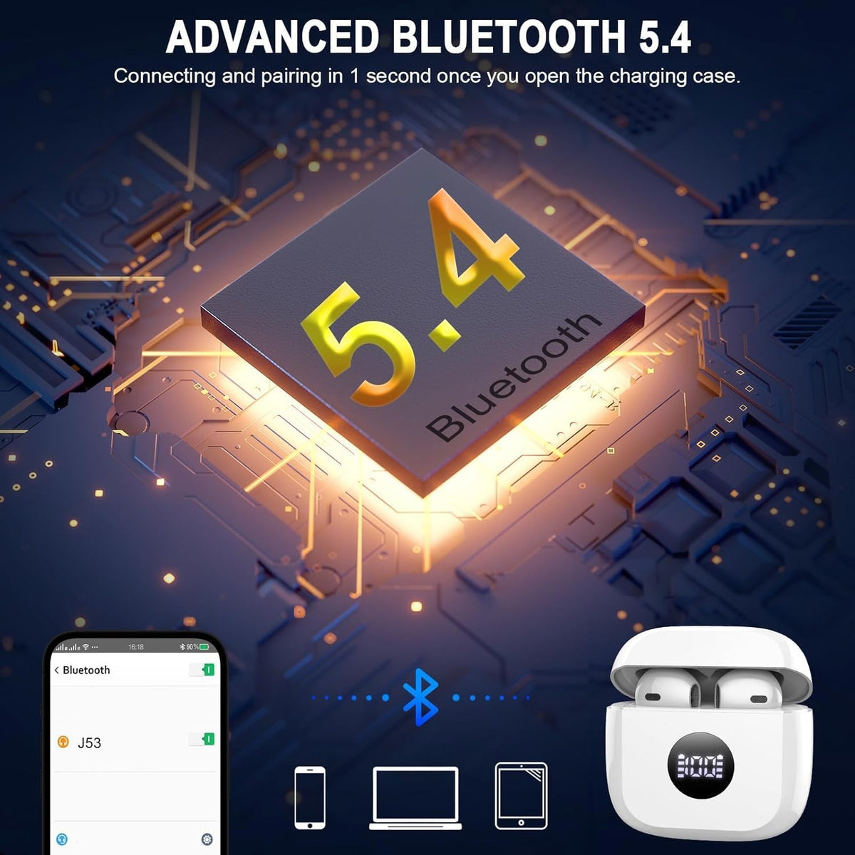 Wireless Bluetooth 5.4 Earbuds with LED Display & 6D Stereo