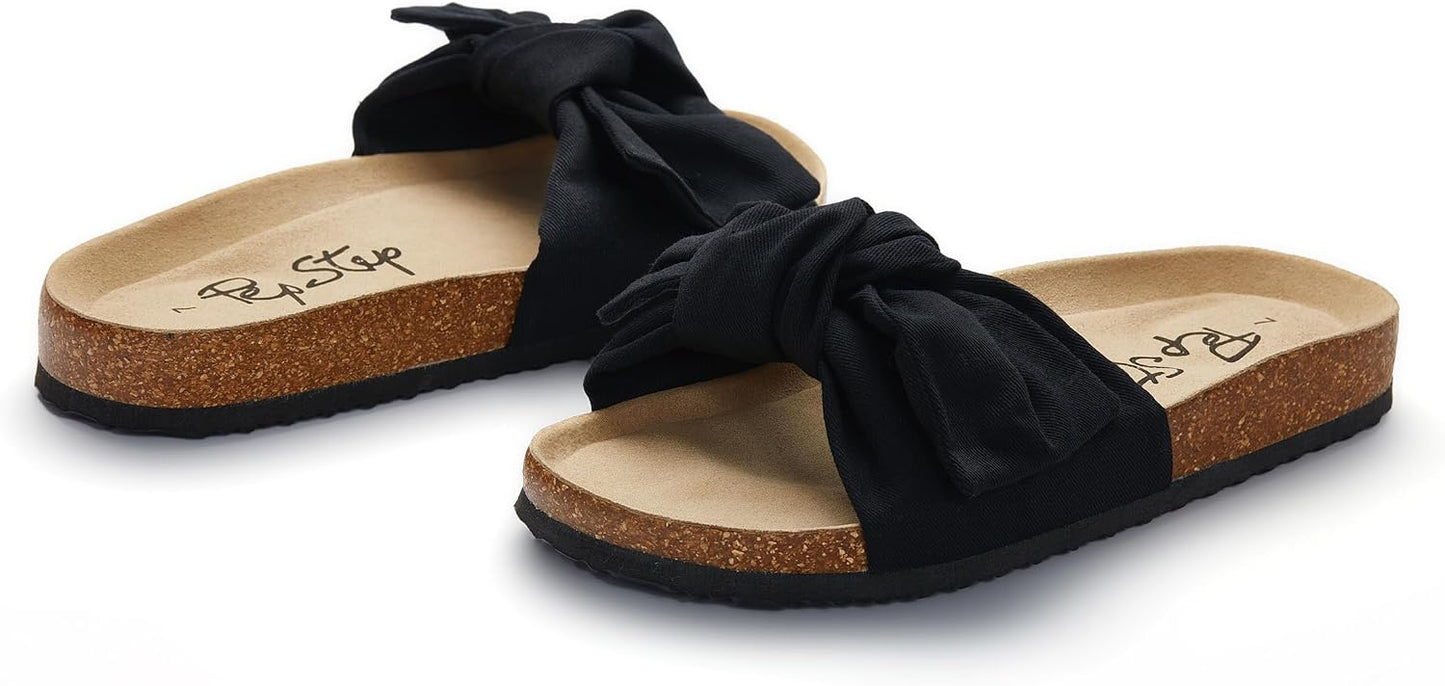 Women's Cork Footbed Slide Sandals with Bow Tie Detail
