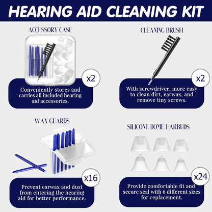Hearing Amplifier Accessories Kit – Compatible with Audien Atom, Atom Pro & Atom 2 Hearing Amplifiers – Cleaning Tools Set with Silicone Domes (6 Sizes), Wax Guards, Brush, Screwdriver & Carry