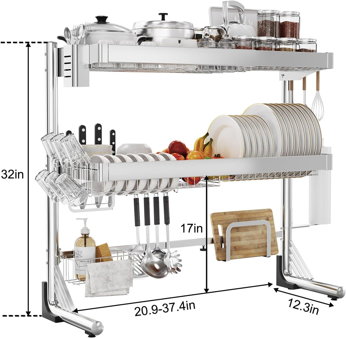Over Sink Dish Drying Rack 3 Tier Adjustable Stainless Steel
