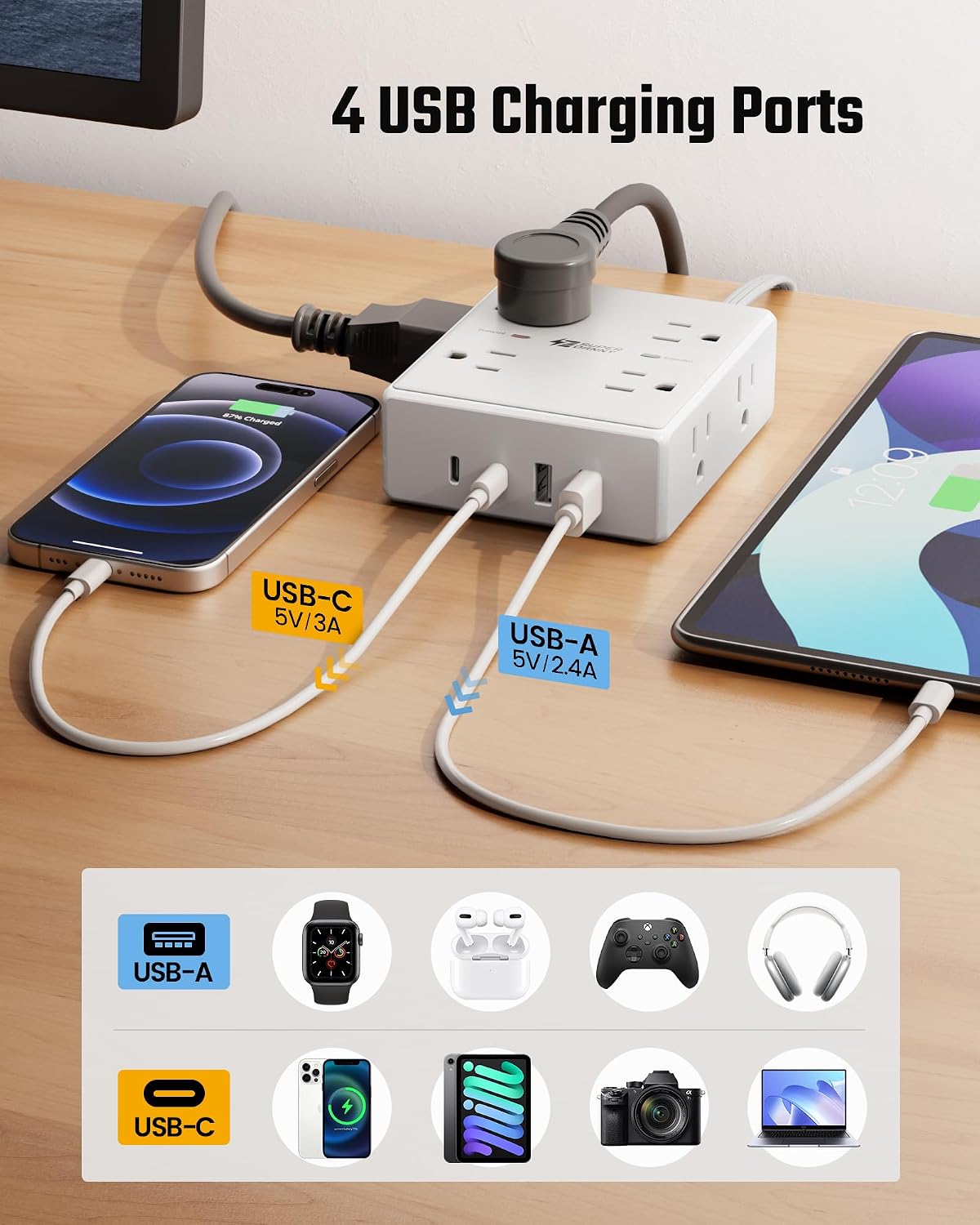 Flat Plug Surge Protector Power Strip | 8 AC + 4 USB Ports
