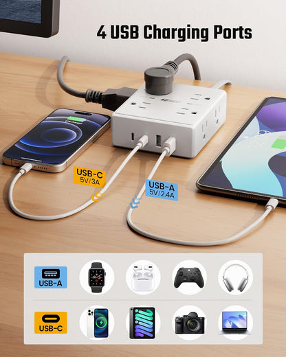 Flat Plug Surge Protector Power Strip | 8 AC + 4 USB Ports