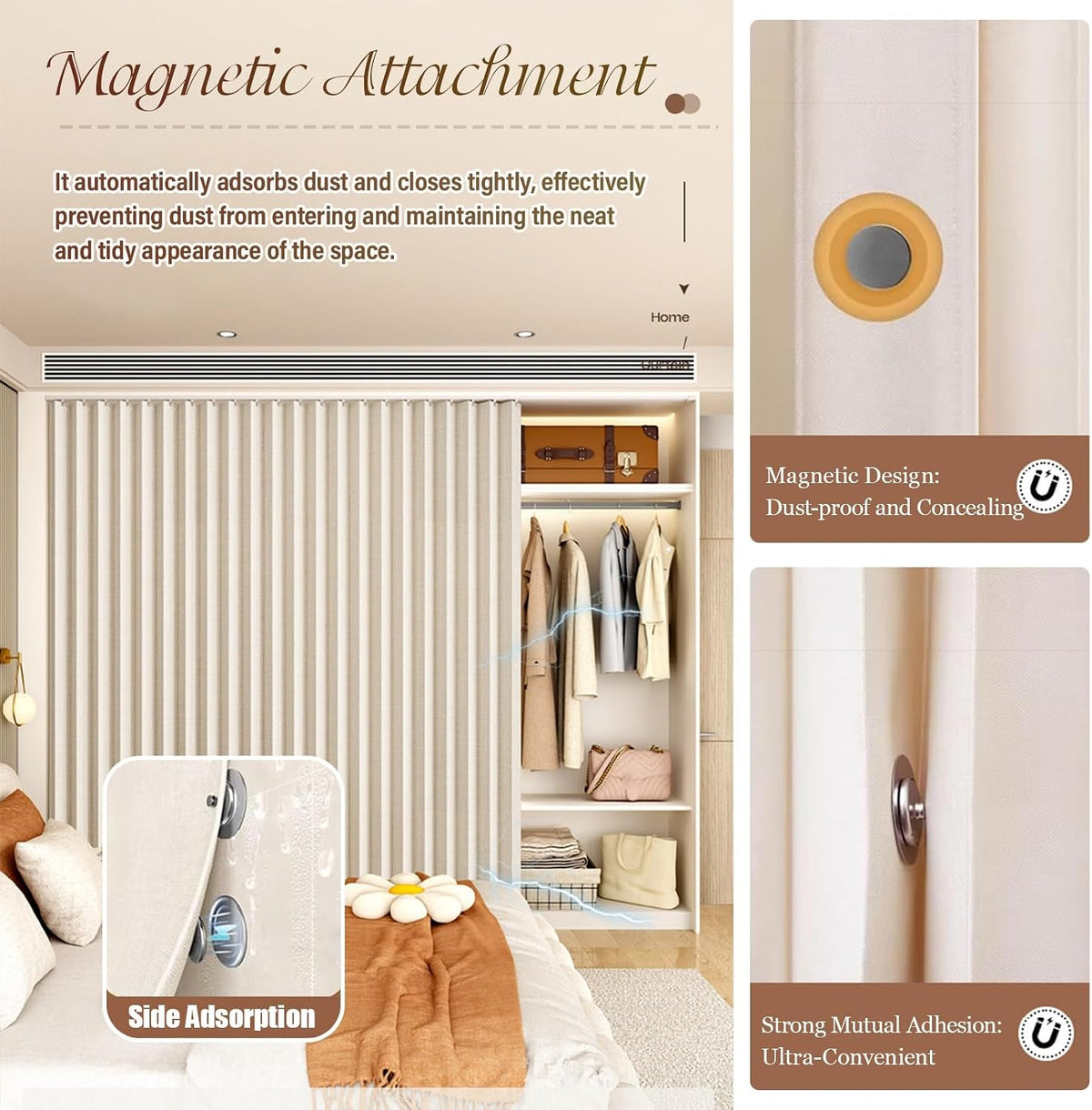 Pleated Blackout Closet Curtain with Magnetic No-Drill Track
