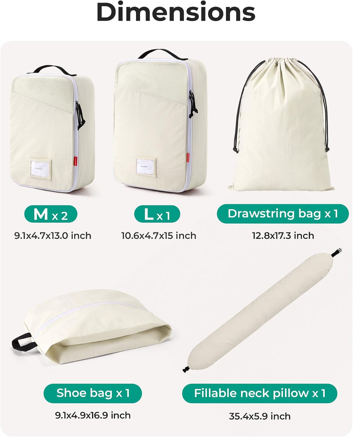 6-Piece Packing Cube Set with Fillable Neck Pillow & Shoe Bag