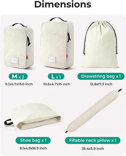 6-Piece Packing Cube Set with Fillable Neck Pillow & Shoe Bag