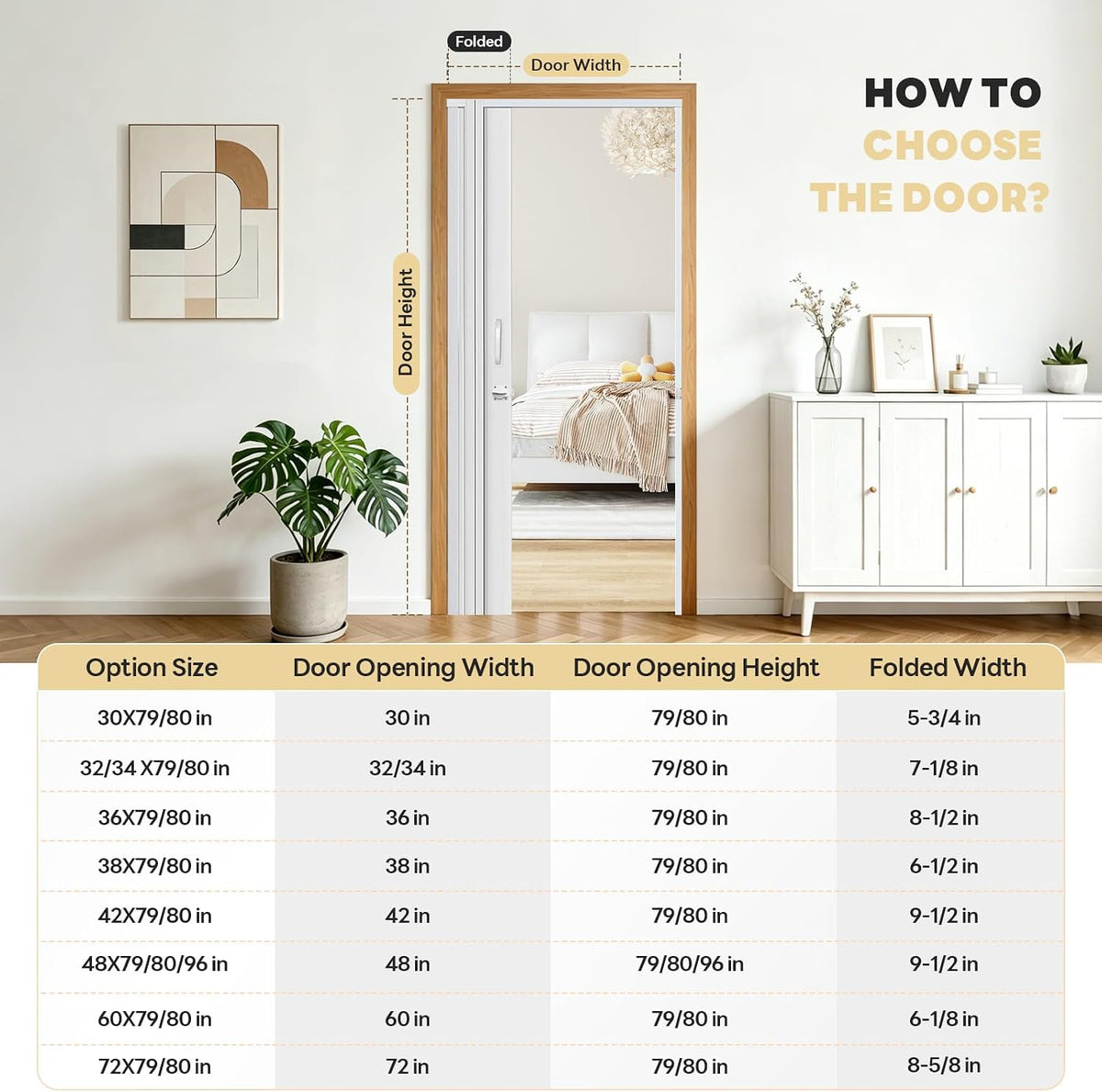 Accordion Door with Frosted Window & Lock | White | 30-48 inch
