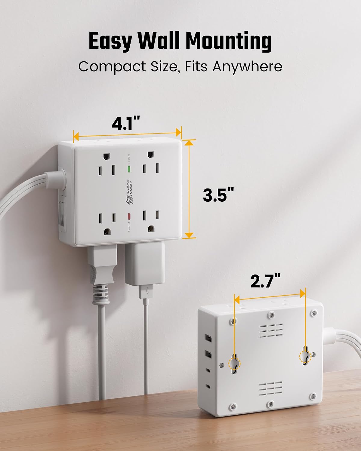 Flat Plug Surge Protector Power Strip | 8 AC + 4 USB Ports