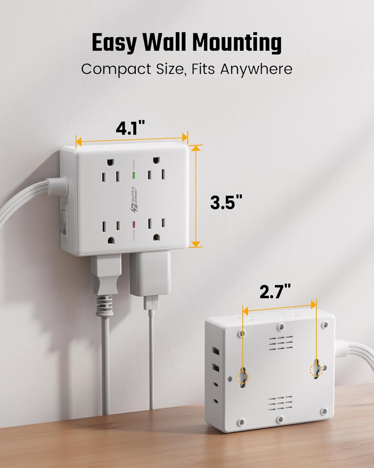 Flat Plug Surge Protector Power Strip | 8 AC + 4 USB Ports
