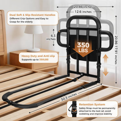 Adjustable Bed Rail with Dual Grab Bars & Sensor Light