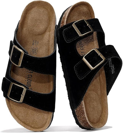 Genuine Leather Cork Footbed Slide Sandals with Memory Foam & Arch Support