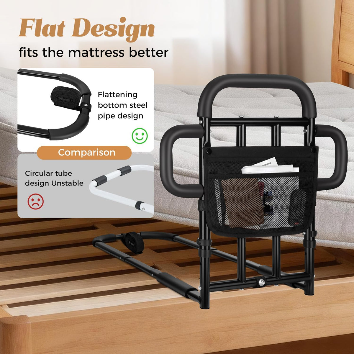 Adjustable Bed Rail with Dual Grab Bars & Sensor Light